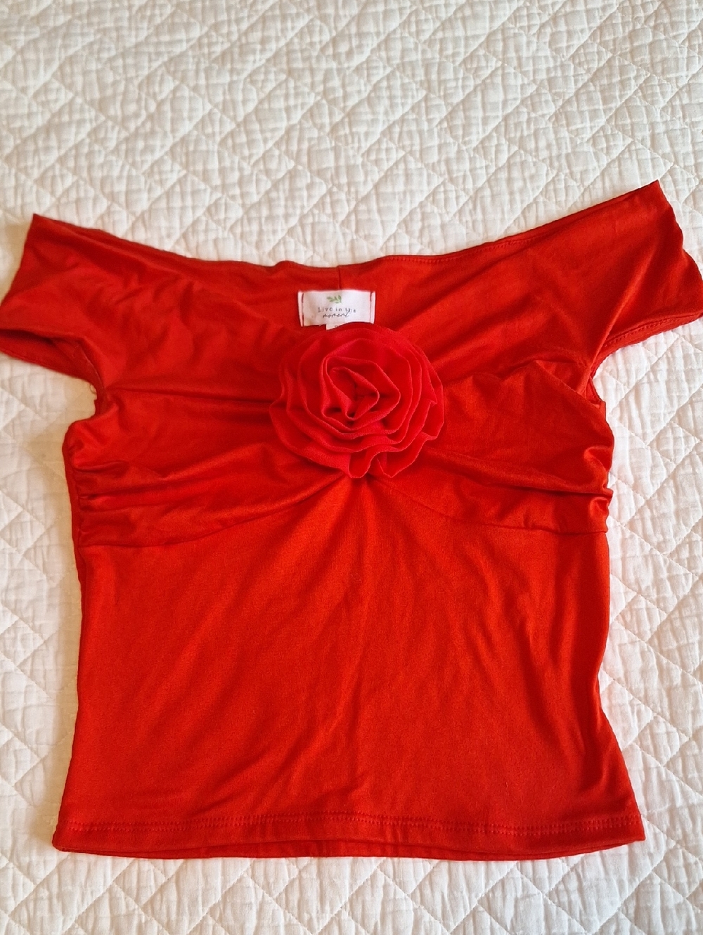 Women’s Red Off-Shoulder Top with Floral Accent